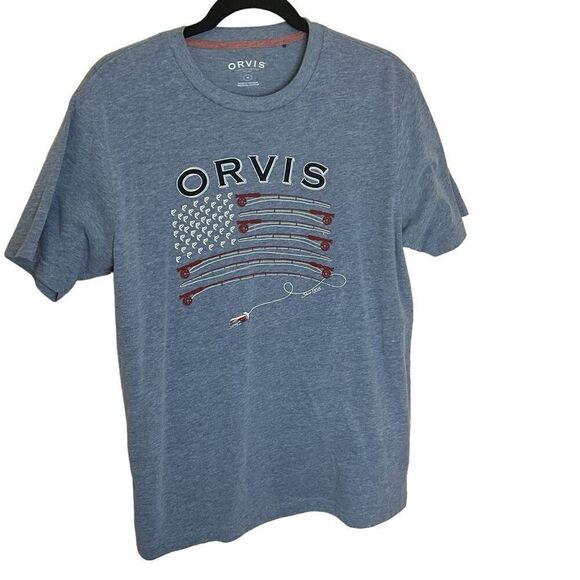 Orvis Mens Medium Fishing Theme American Flag T Shirt Blue Gray Short Sleeve - Picture 1 of 8